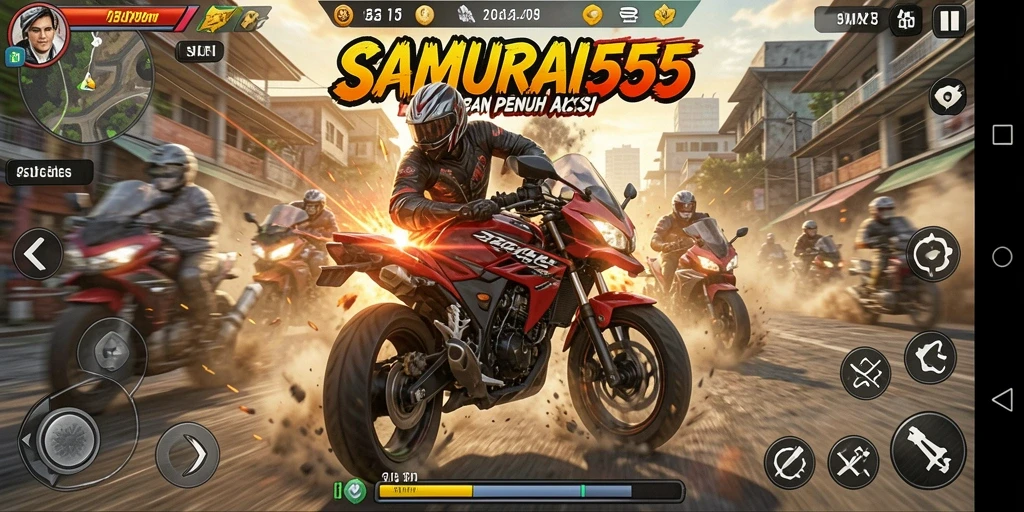 Screenshot gameplay SAMURAI555 menampilkan balapan motor yang menegangkan.